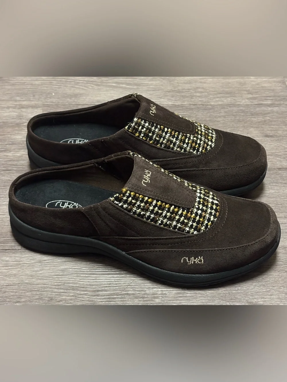 NIB- Ryka Freelance Brown Suede Tweed Inset Mule Clogs Size 9.5